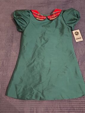 NWT Susanne Lively Designs - Girls' Green Holiday Dress with Red Plaid Collar